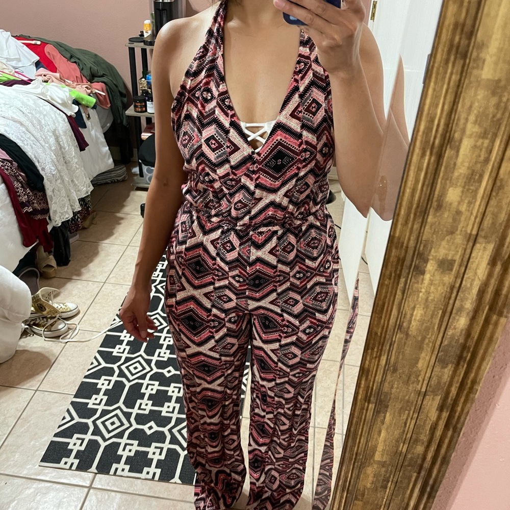 Tribal halter jumpsuit with low back